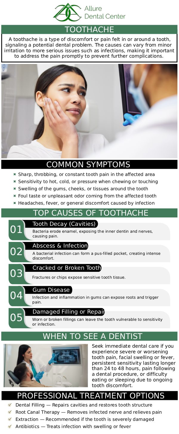 A toothache is a pain that occurs within the tooth. Tooth pain may be caused by excessive tooth grinding, fractured teeth, cavities, gum disease, a root infection, an irregular bite, damaged fillings, or gum infections. Common toothache symptoms include severe, throbbing, or continuous tooth pain. If you experience a toothache that lasts more than a day or two, see a dentist at Allure Dental Centre. Our dentists Dr. Trinh Lee and Dr. Suzanna Lee will diagnose the source of the cause and offer treatment for tooth pain relief. For more information, contact us or schedule an online appointment. We are conveniently located at 570 N Shoreline Blvd Mountain View, CA 94043. A toothache is a pain that occurs within the tooth. Tooth pain may be caused by excessive tooth grinding, fractured teeth, cavities, gum disease, a root infection, an irregular bite, damaged fillings, or gum infections. Common toothache symptoms include severe, throbbing, or continuous tooth pain. If you experience a toothache that lasts more than a day or two, see a dentist at Allure Dental Centre. Our dentists Dr. Trinh Lee and Dr. Suzanna Lee will diagnose the source of the cause and offer treatment for tooth pain relief. For more information, contact us or schedule an online appointment. We are conveniently located at 570 N Shoreline Blvd Mountain View, CA 94043.